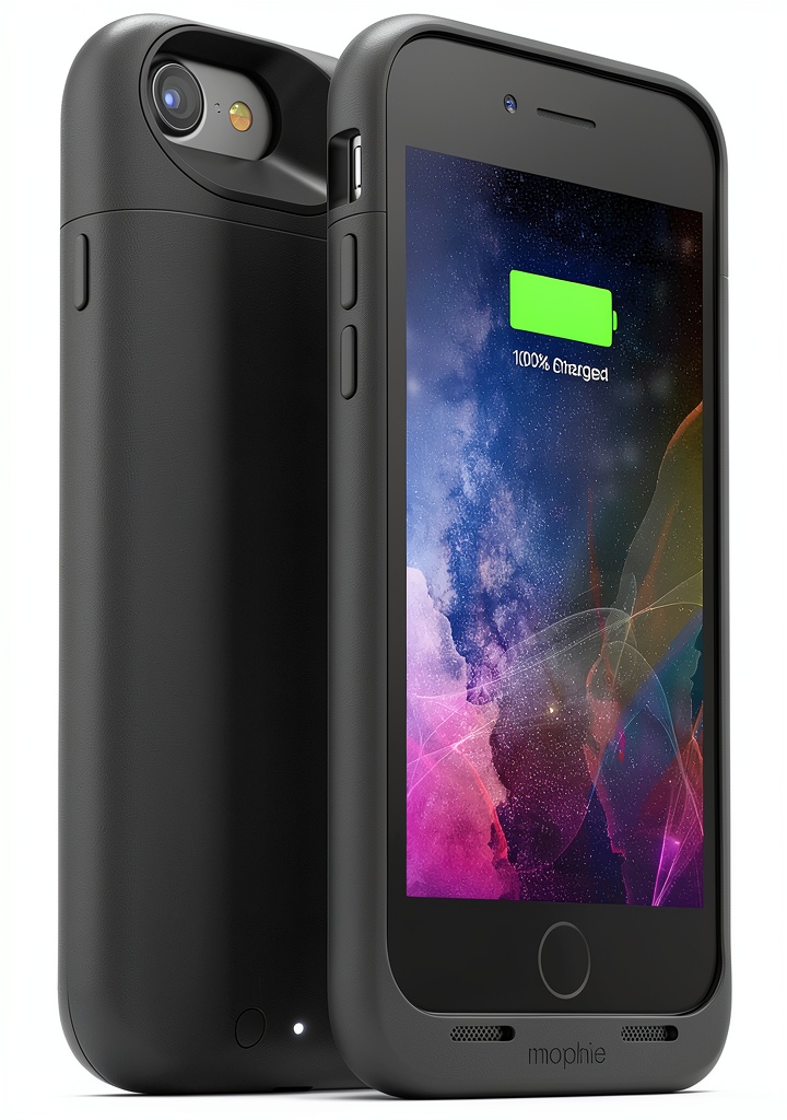 mophie wireless battery case on a coffee shop table with a Qi charger