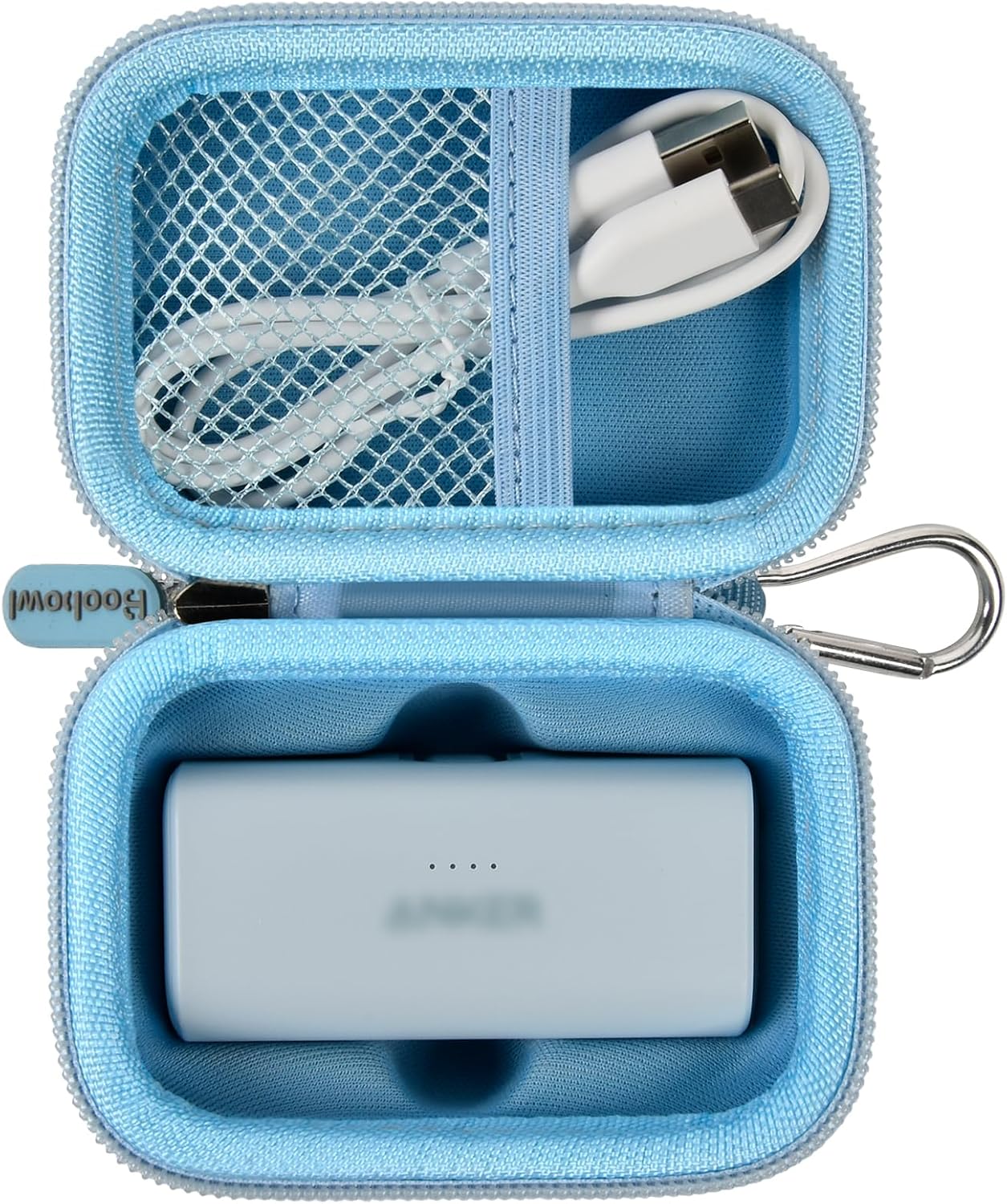 Boobowl power bank case placed inside a travel backpack
