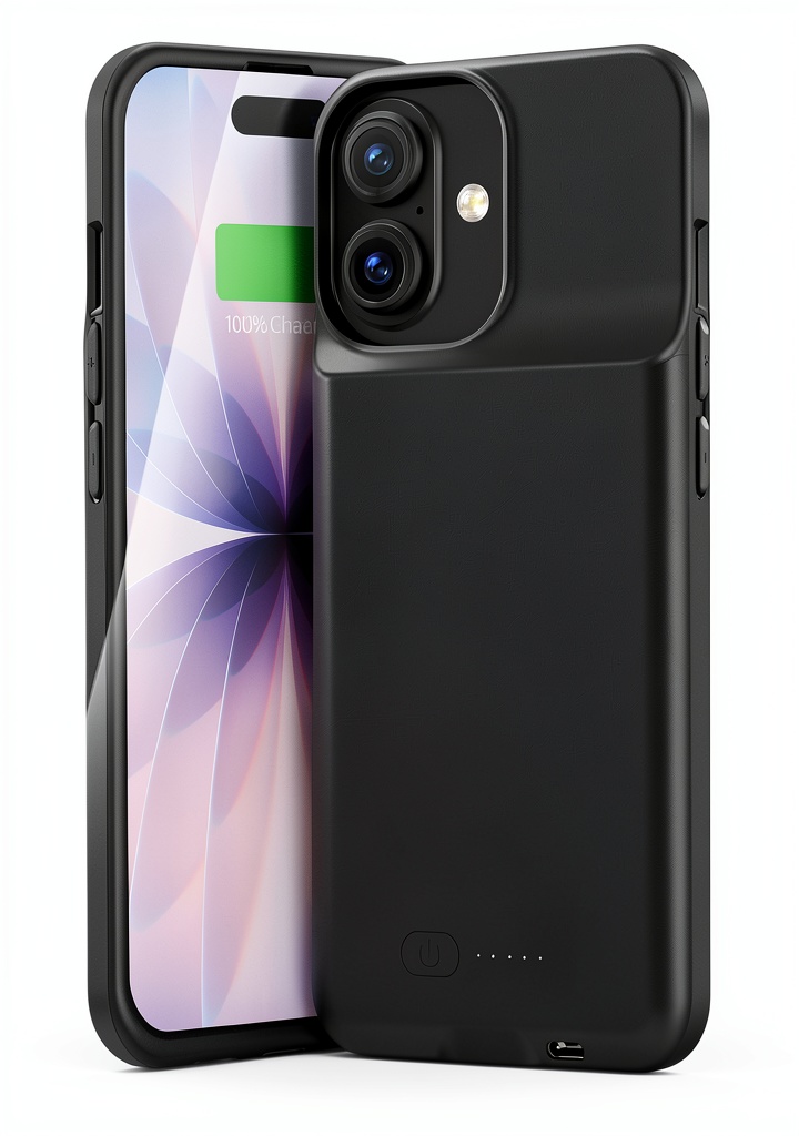 Deto battery charging case for iPhone 17 displayed on a desk