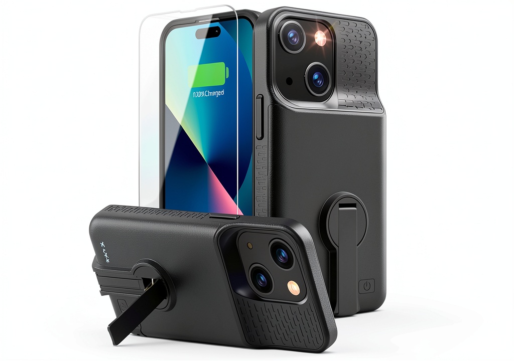 GIN FOXI battery case attached to iPhone 15 on a travel desk