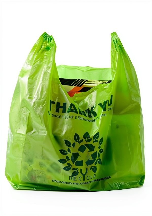 [100 per box] | Recyclable Compostable Reusable Biodegradable Plastic T-Shirt Bags | Grocery Shopping Bags | Green Eco Plastic Bags (100 per Pack) | T-Shirt Carryout Bags 100 count Restaurant Quality, Durable, Reusable and Econ Friendly | Measures 11. 5" X 6. 25" X 21"( large size 1/6) , 16 Mic (0. 63 Mil)-4
