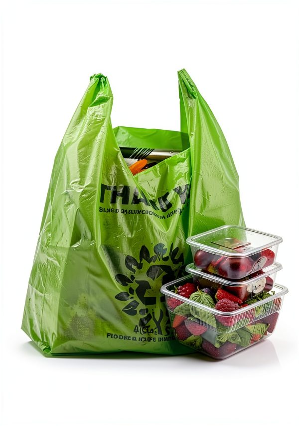 [100 per box] | Recyclable Compostable Reusable Biodegradable Plastic T-Shirt Bags | Grocery Shopping Bags | Green Eco Plastic Bags (100 per Pack) | T-Shirt Carryout Bags 100 count Restaurant Quality, Durable, Reusable and Econ Friendly | Measures 11. 5" X 6. 25" X 21"( large size 1/6) , 16 Mic (0. 63 Mil)-6