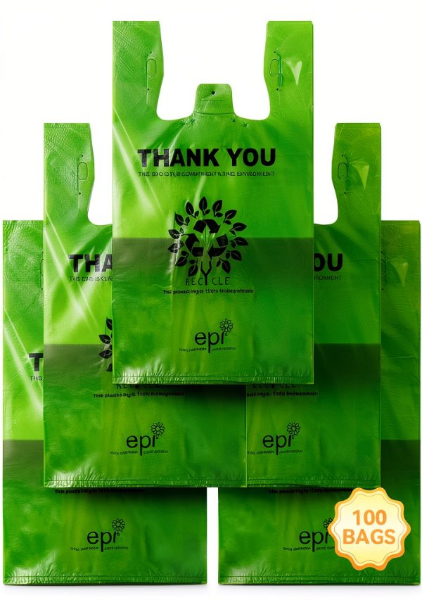 [100 per box] | Recyclable Compostable Reusable Biodegradable Plastic T-Shirt Bags | Grocery Shopping Bags | Green Eco Plastic Bags (100 per Pack) | T-Shirt Carryout Bags 100 count Restaurant Quality, Durable, Reusable and Econ Friendly | Measures 11. 5" X 6. 25" X 21"( large size 1/6) , 16 Mic (0. 63 Mil)-0
