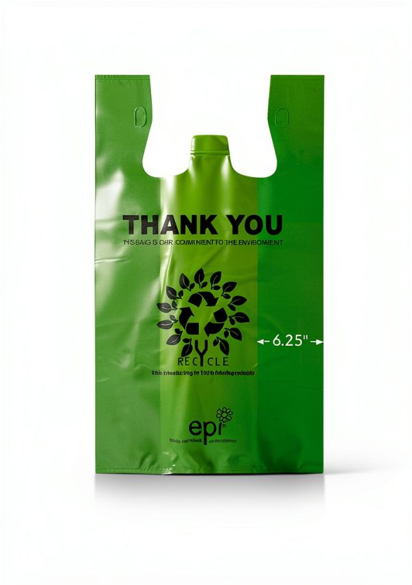 [100 per box] | Recyclable Compostable Reusable Biodegradable Plastic T-Shirt Bags | Grocery Shopping Bags | Green Eco Plastic Bags (100 per Pack) | T-Shirt Carryout Bags 100 count Restaurant Quality, Durable, Reusable and Econ Friendly | Measures 11. 5" X 6. 25" X 21"( large size 1/6) , 16 Mic (0. 63 Mil)-2