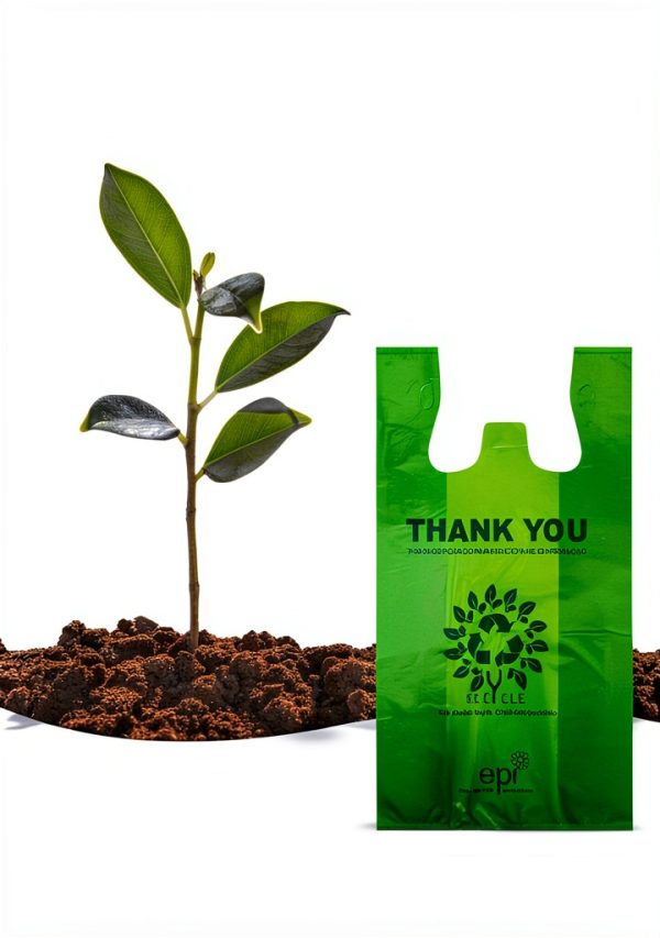 [100 per box] | Recyclable Compostable Reusable Biodegradable Plastic T-Shirt Bags | Grocery Shopping Bags | Green Eco Plastic Bags (100 per Pack) | T-Shirt Carryout Bags 100 count Restaurant Quality, Durable, Reusable and Econ Friendly | Measures 11. 5" X 6. 25" X 21"( large size 1/6) , 16 Mic (0. 63 Mil)-1